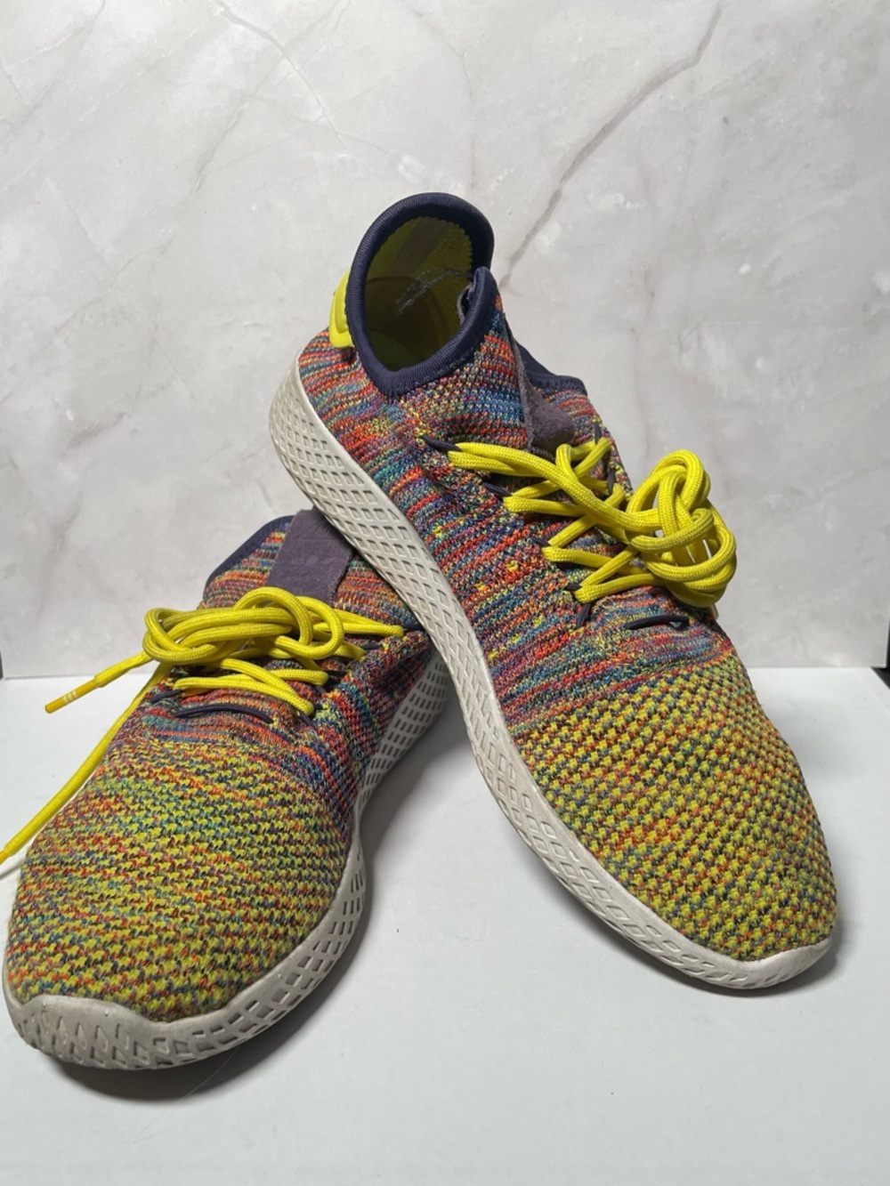 adidas X Pharrell Williams Tennis Hu Multicolor Knit Shoes with Yellow Laces